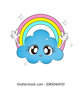 Cloud cute with rainbow for t-shirt design with print child's drawing clipart kawaii - funny cloud. Hand drawn kawaii style sketch, abstract imaginary creature made from clouds in kawaii style