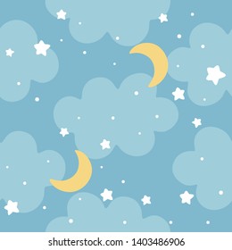 Cloud Cute Seamless Pattern Background with star moon and shiny dot, Vector illustration