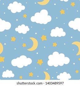 Cloud Cute Seamless Pattern Background with star moon and shiny dot, Vector illustration