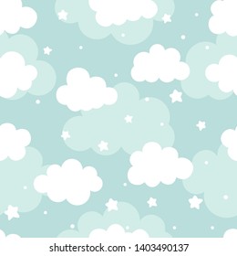 Cloud Cute Seamless Pattern Background with star moon and shiny dot, Vector illustration