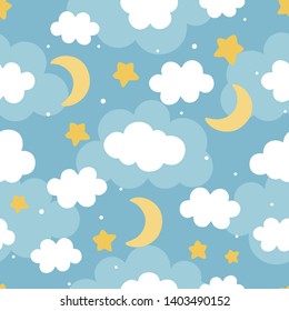 Cloud Cute Seamless Pattern Background with star moon and shiny dot, Vector illustration