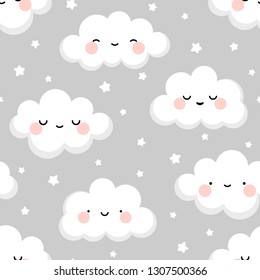Cloud cute smiling face seamless pattern background with star glow, grey repeating vector illustration
