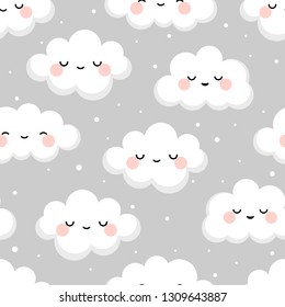 Cloud cute smiling face seamless pattern background with star glow, grey repeating vector illustration
