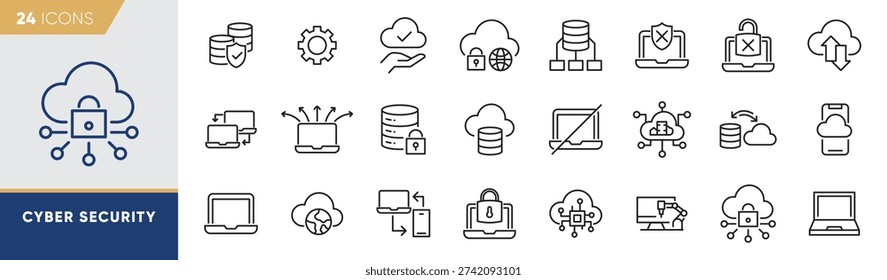 Cloud Cyber Security Line Icons Set – Network Protection, Encryption and Data Safety Outline Vector Collection