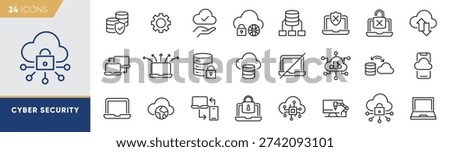 Cloud Cyber Security Line Icons Set – Network Protection, Encryption and Data Safety Outline Vector Collection