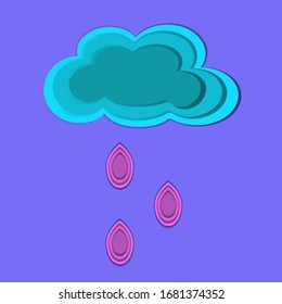 Cloud with dam paper cut style, blue ace and pink rain, with shadows, graphic element for design, print, weather. cute drawing, vector