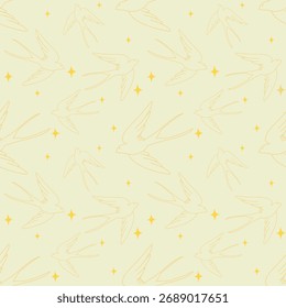 Pássaros dançarinos nuvem linha arte padrão sem emenda em um amarelo claro