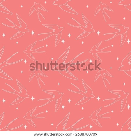 Cloud dancer birds line art seamless pattern on a Shell Pink background, Vector illustration EPS 10
