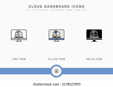 Cloud Dashboard Icons Set Vector Illustration With Solid Icon Line Style. Data Center System Concept. Editable Stroke Icon On Isolated Background For Web Design, User Interface, And Mobile Application