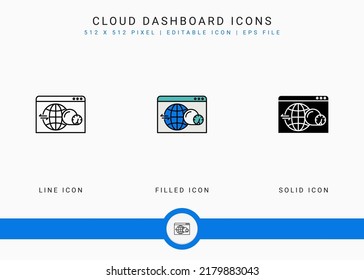 Cloud Dashboard Icons Set Vector Illustration With Solid Icon Line Style. Data Center System Concept. Editable Stroke Icon On Isolated Background For Web Design, User Interface, And Mobile Application