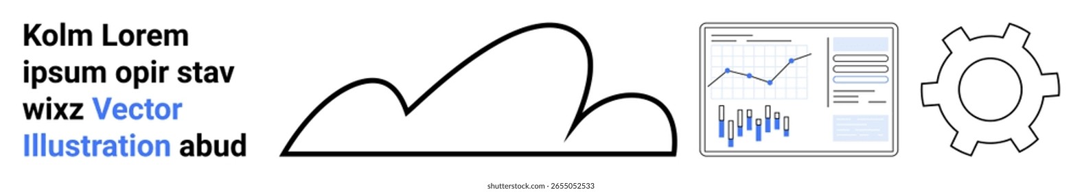 Cloud, data analytics dashboard with graphs, and a gear symbolize technology, data analysis, and engineering. Ideal for tech solutions, cloud computing, analytics, engineering, data visualization