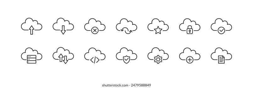 Cloud data analytics icon set. Cloud computing, data analysis technology, server.  Vector.