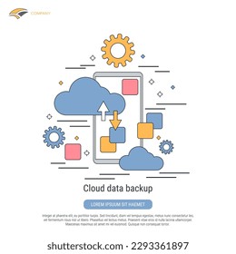 Cloud data backup, information storage flat contour style vector concept illustration
