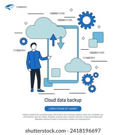 Cloud data backup, information storage flat design style vector concept illustration