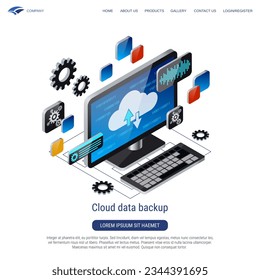 Cloud data backup, remote server, cloud database 3d isometric vector concept illustration