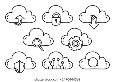 Icono de esquema de garabato de dibujos animados de datos en la nube 