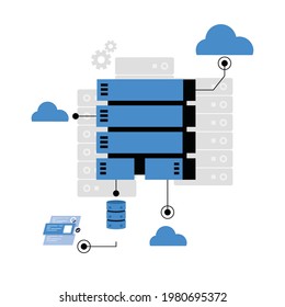 Cloud Data Center Computer Connection Hosting Database Server Synchronizing Technology, Flat vector illustration