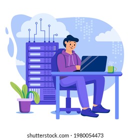 Cloud data center concept. Engineer works in server room, tech support, maintains hardware. Cloud computing technology. Template of people scenes. Vector illustration with characters in flat design