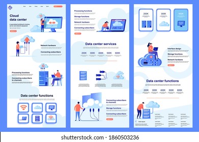 Cloud-Rechenzentrum flache Landungsseite. Datenbankspeicher, Online-Computing-Ressourcen Corporate Website Design. Webbanner mit Header, mittlerem Inhalt, Fußzeile. Vektorgrafik mit Menschen-Zeichen.