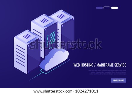 Cloud data center with hosting servers. Computer technology, network and database, internet center.Server racks with cloud. Vector illustration in Isometric style