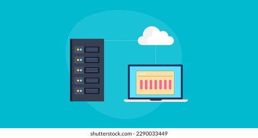 Cloud data center, Cloud hosting, Data storage on secured cloud server, Internet server database - flat design vector illustration with icons