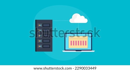Cloud data center, Cloud hosting, Data storage on secured cloud server, Internet server database - flat design vector illustration with icons