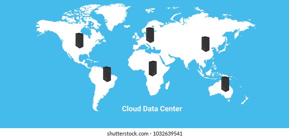 Cloud Data Center, Cloud Hybrid Hosting, Distribution Network Service, Content Delivery Network. flat vector illustration