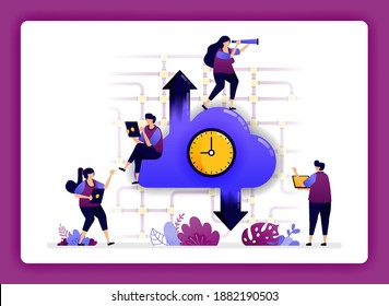 ilustración del centro de datos en la nube. acceso rápido a Internet en la nube. programación de tiempos de carga y descarga para los usuarios.  El diseño puede utilizarse para sitios web, web, página de inicio, banner, aplicaciones móviles, ui ux, afiche