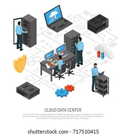 Cloud Data Center Isometric Flowchart With Technical Staff And Racks Of Server Units Vector Illustration  