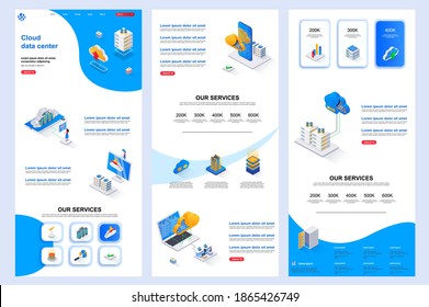 Cloud data center isometric landing page. Database storage, online computing resources corporate website design template. Web banner with header, middle content, footer. Isometry vector illustration.