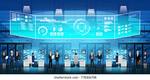 Centro de datos en nube Sala de servidores con personal técnico. Diagrama de flujo, racks de servidores y visualización virtual Ilustración vectorial