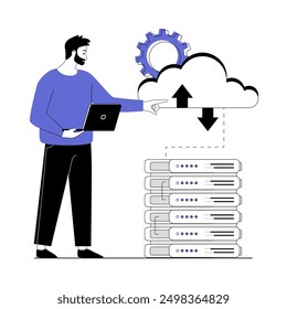 Cloud data center. Cloud storage technology. Man support work of servers and hosting in hardware room. Vector illustration with line people for web design.	