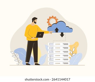 Cloud data center. Cloud storage technology. Man support work of servers and hosting in hardware room. Flat vector illustration.