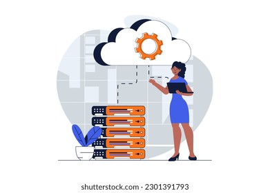 Cloud data center web concept with character scene. Woman working with cloud computing and database service. People situation in flat design. Vector illustration for social media marketing material.