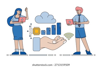 cloud data charts connected with banking technology and artificial intelligence chips for modern financial analysis. cartoon vector illustration for flyer, banner, website, brochure, ads, promotion