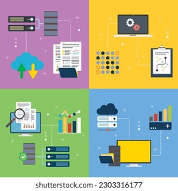 Cloud data, computer, code, hosting and technology icons. Concepts of cloud data base, computer code, data hosting and computer technology. Flat design icons in vector illustration.