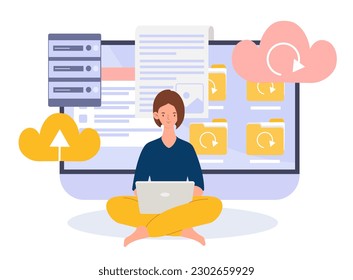 Concepto de datos en la nube. La mujer con portátil se sienta en posición de loto y descarga archivos, documentos y carpetas en el servidor. Intercambio de información, archivo electrónico o almacenamiento. Dibujo vectorial plano de dibujos animados