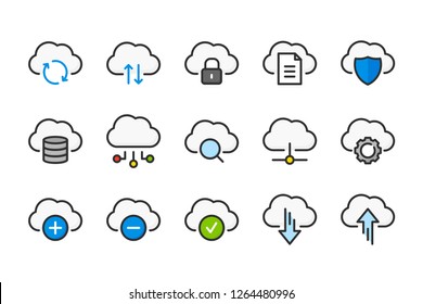 Cloud Data And Digital Technology Color Line Icons. Network Service And Data Sharing Vector Linear Colorful Icon Set. Isolated Icon Collection On White Background.