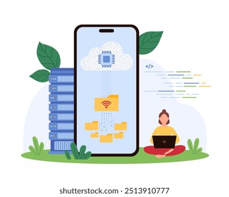 Cloud data download and storage, mobile app. Tiny woman downloading folders with files on smartphone screen, upload and share digital documents and archives in network cartoon vector illustration