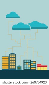 Cloud data exchange with cityscape and clouds. Flat style eps10 vector illustration