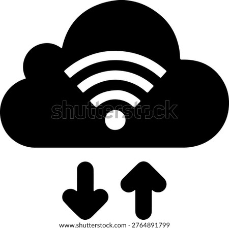 Cloud data exchange illustration with a black cloud and white wifi symbol up and down arrows