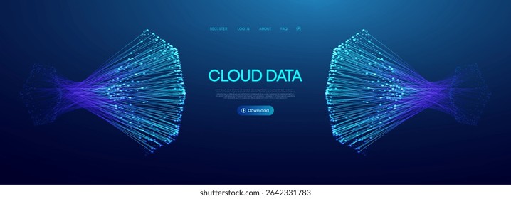 Plano de fundo abstrato do fluxo de dados na nuvem. Conexões i Big Data e círculo de linha digital. Rede de tecnologia futurista para servidores iot seguros ou espaço de informação 3D. Sistema de toro de partículas de néon à luz
