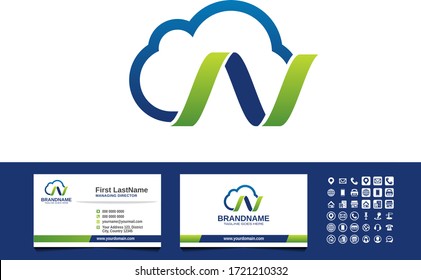Cloud Data, Helix Symbols, N initials, logo business card template vector