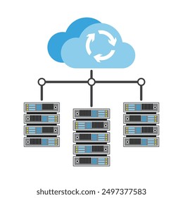 Soluciones de alojamiento y almacenamiento de datos en la nube para la gestión segura de la información. Infraestructura de computación en nube escalable: gabinetes de servidor, memoria y transferencia de datos segura. Vector.