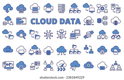 Cloud data icon set in line design. Data, Storage, Upload, Download, Server, Backup, Files vector illustrations. Editable stroke icons.