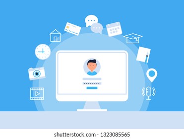 Cloud Data and Internet Safety. Account Verification and Access through Password. Flat Vector Illustration.