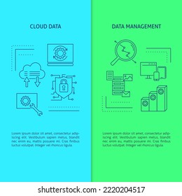 Cloud data and data management banner templates with place for text. Information storage and processing symbols in line style. Vector illustration.