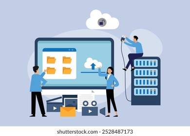 Gestión de datos en la nube y mantenimiento de servidores Ilustración vectorial plana 2d