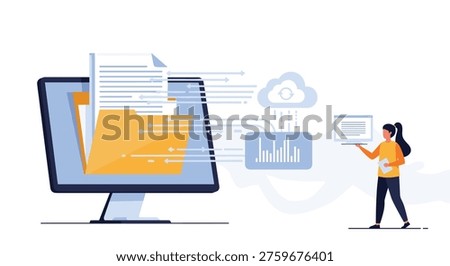 Cloud data migration concept shows files being transferred from an office computer to a cloud storage system while a professional monitors.