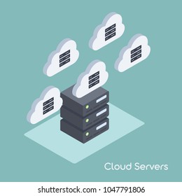 Cloud Data Migration or Server Infrastructure Management. Vector Illustration in Flat Isometric Style.